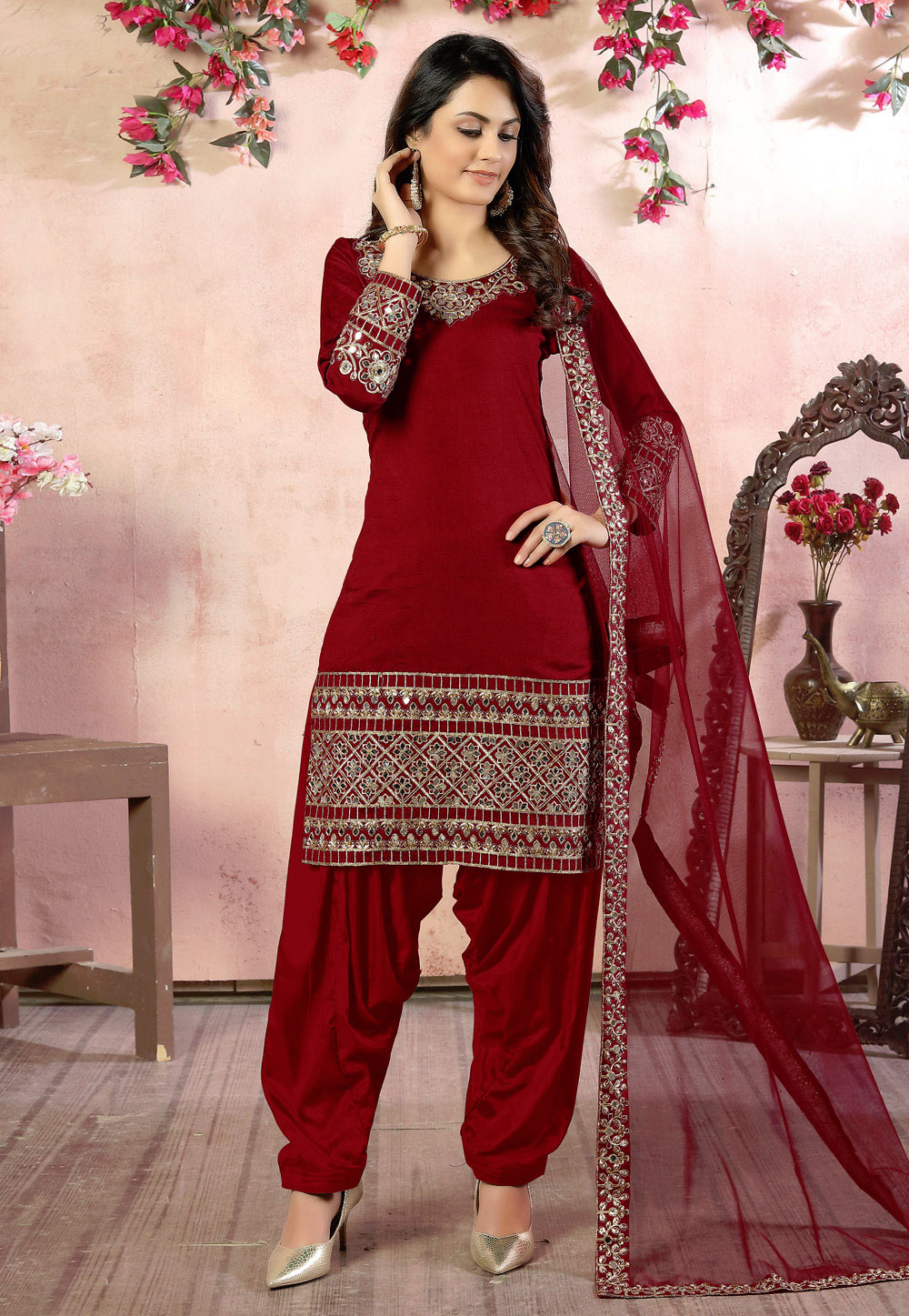 Red Embroidered Art Silk Patiyala Suit