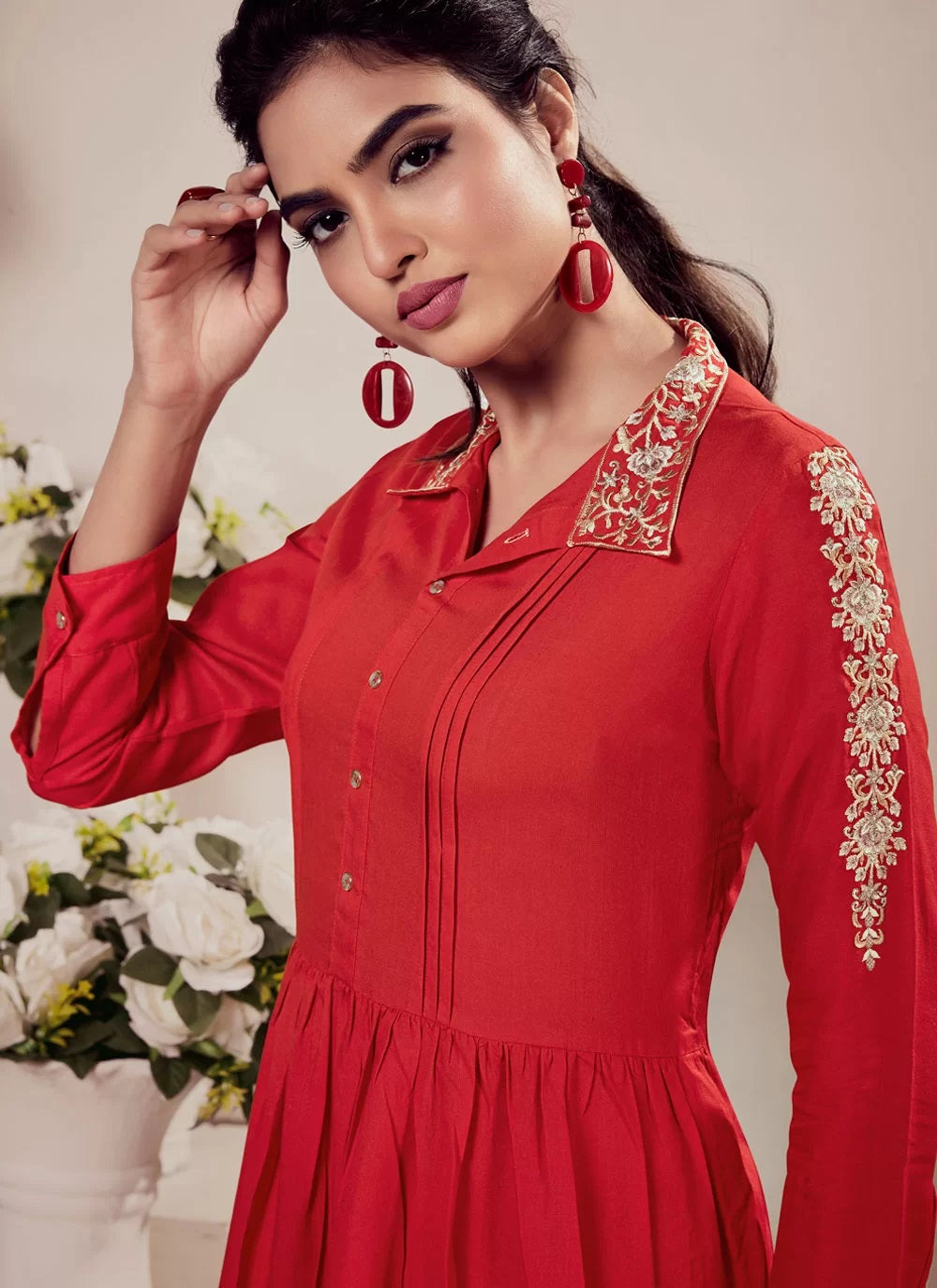 Red Heavy Reyon Embroidered Stylish Short Tunic Tops