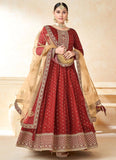 Red Party Wear Taffeta Butti Embroidered Anarkali Suit