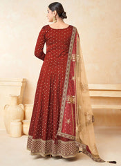 Red Party Wear Taffeta Butti Embroidered Anarkali Suit
