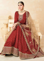 Red Party Wear Taffeta Butti Embroidered Anarkali Suit