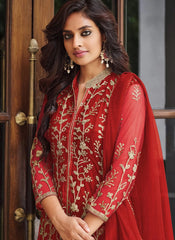 Red Pure Net Coding and Sequence Embroidery Slit Pakistani Suit