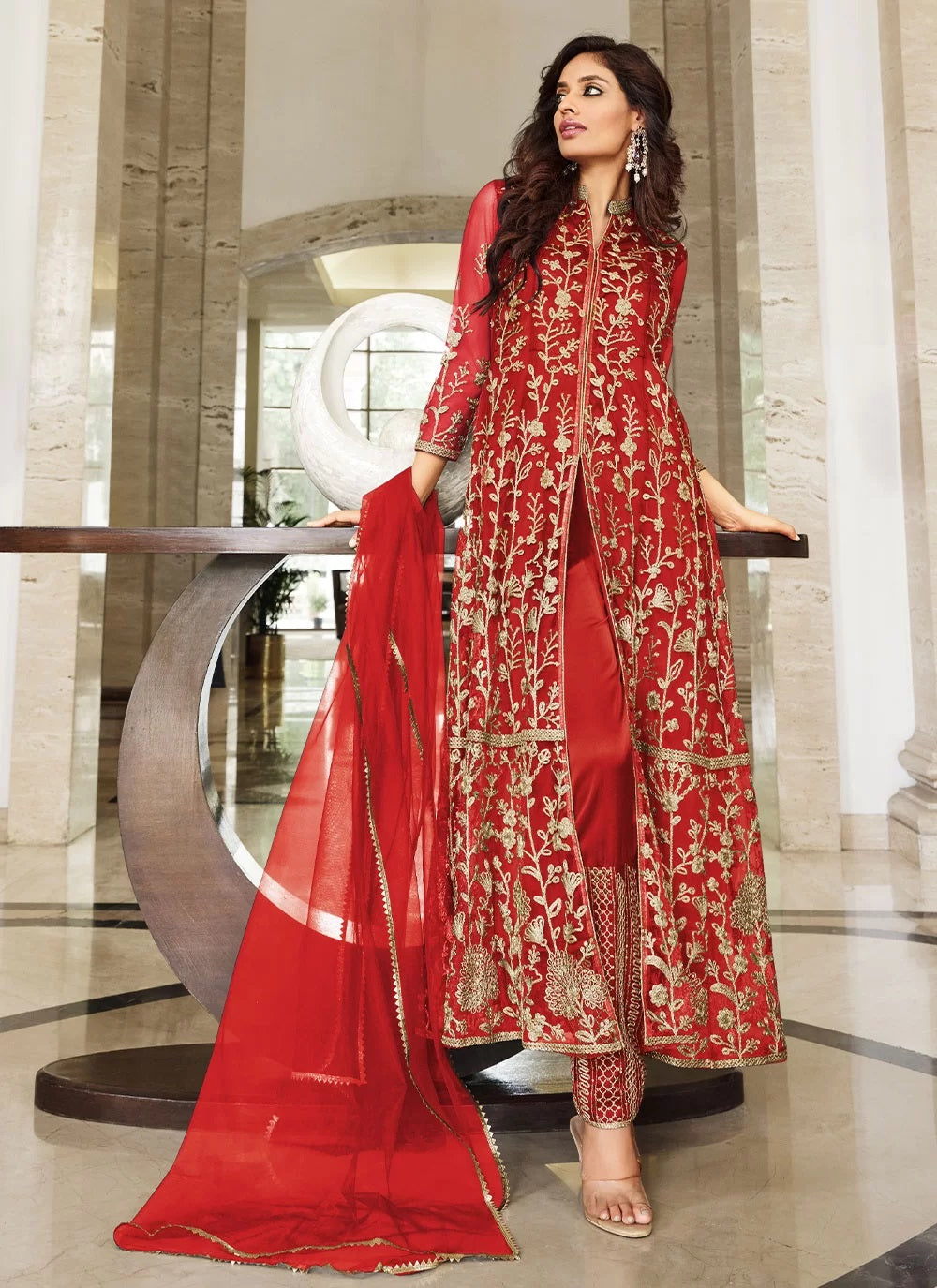 Red Pure Net Coding and Sequence Embroidery Slit Pakistani Suit