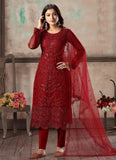 Red Straight Cut Embroidered Pant Salwar Suit