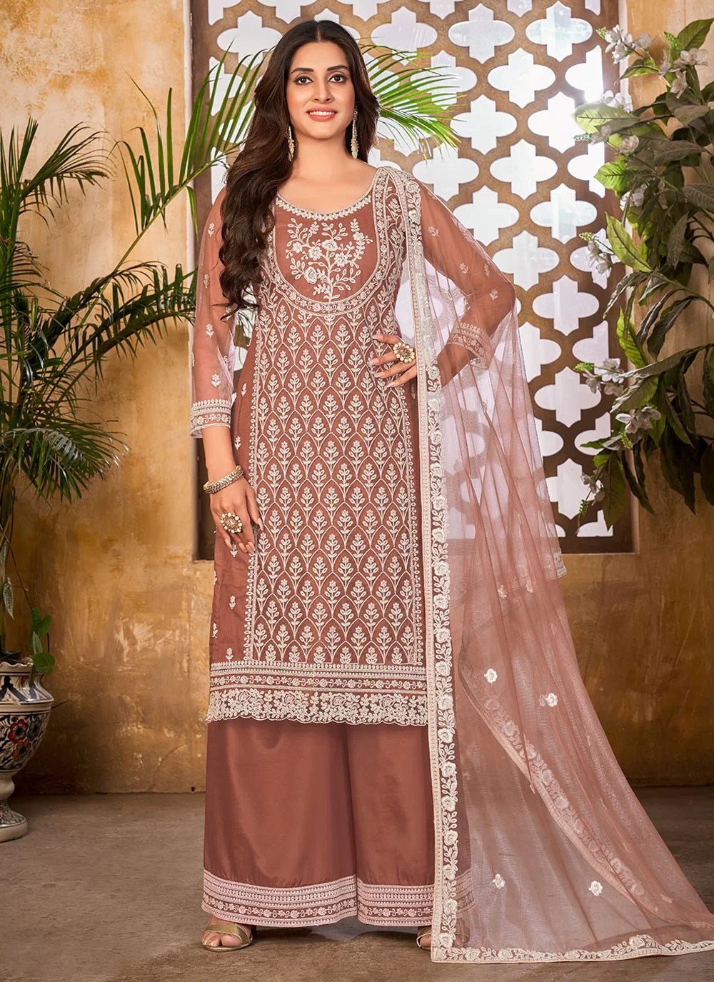 Resham Embroidered Pakistani Palazzo Suit In Brown