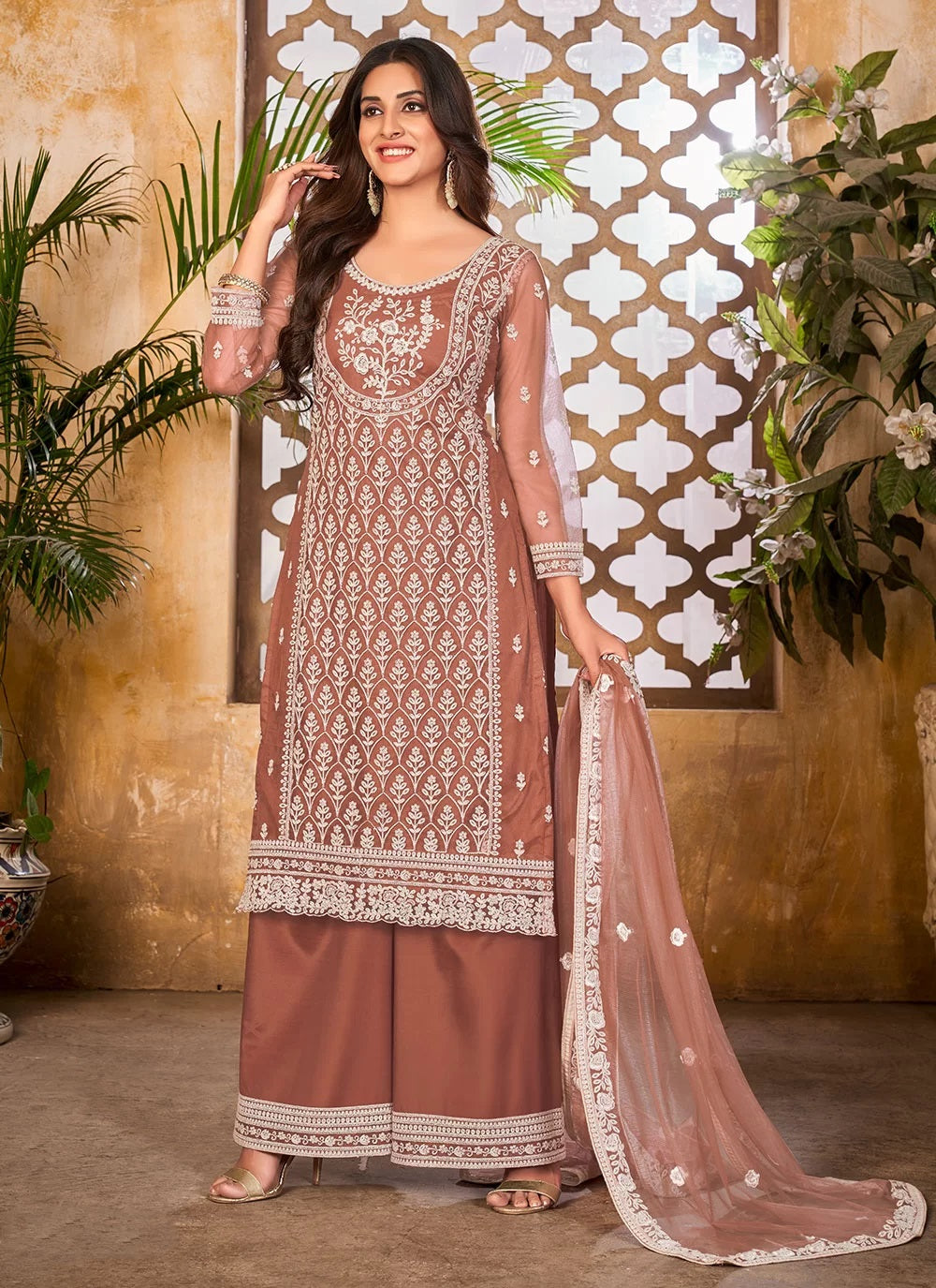 Resham Embroidered Pakistani Palazzo Suit In Brown