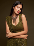 Sabyasachi Olive Green Sequins Georgette Party Wear Saree With Blouse