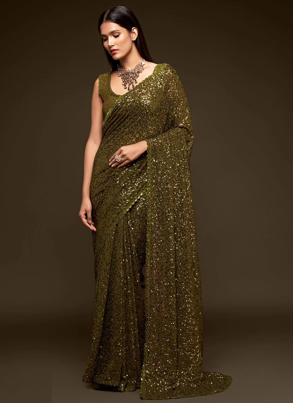 Sabyasachi Olive Green Sequins Georgette Party Wear Saree With Blouse