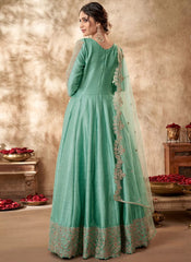 Sea Green Anarkali Suit For Party Wear With Zari Embroidery