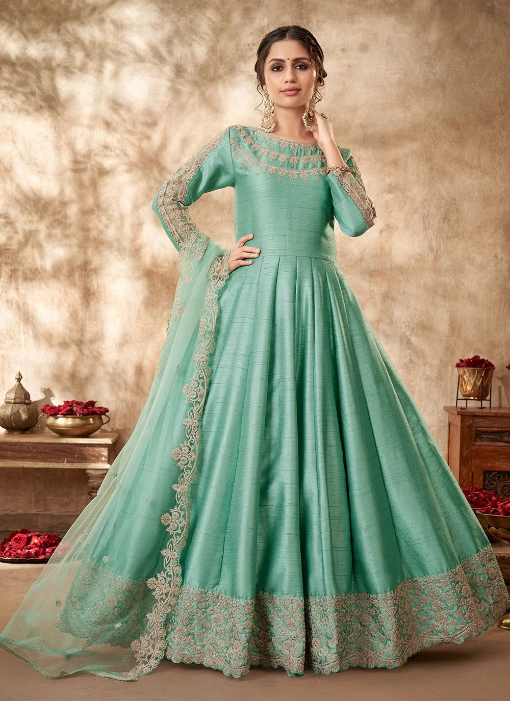 Sea Green Anarkali Suit For Party Wear With Zari Embroidery