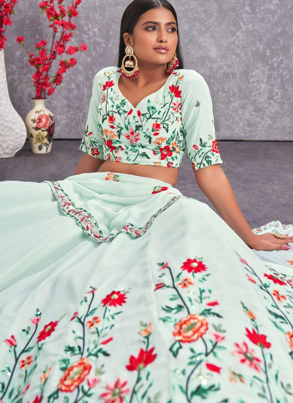 Sea Green Embroidered Georgette Lehengas