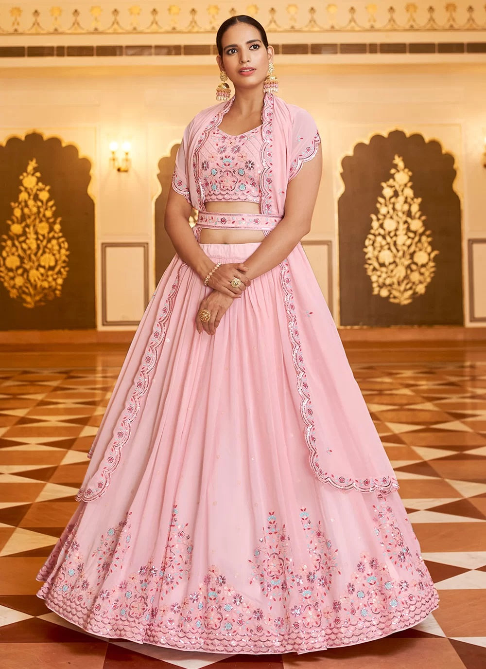 Sequince Embroidered Georgette Lehenga In Pink