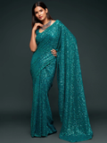 Sequinned Georgette Saree In Teal Blue