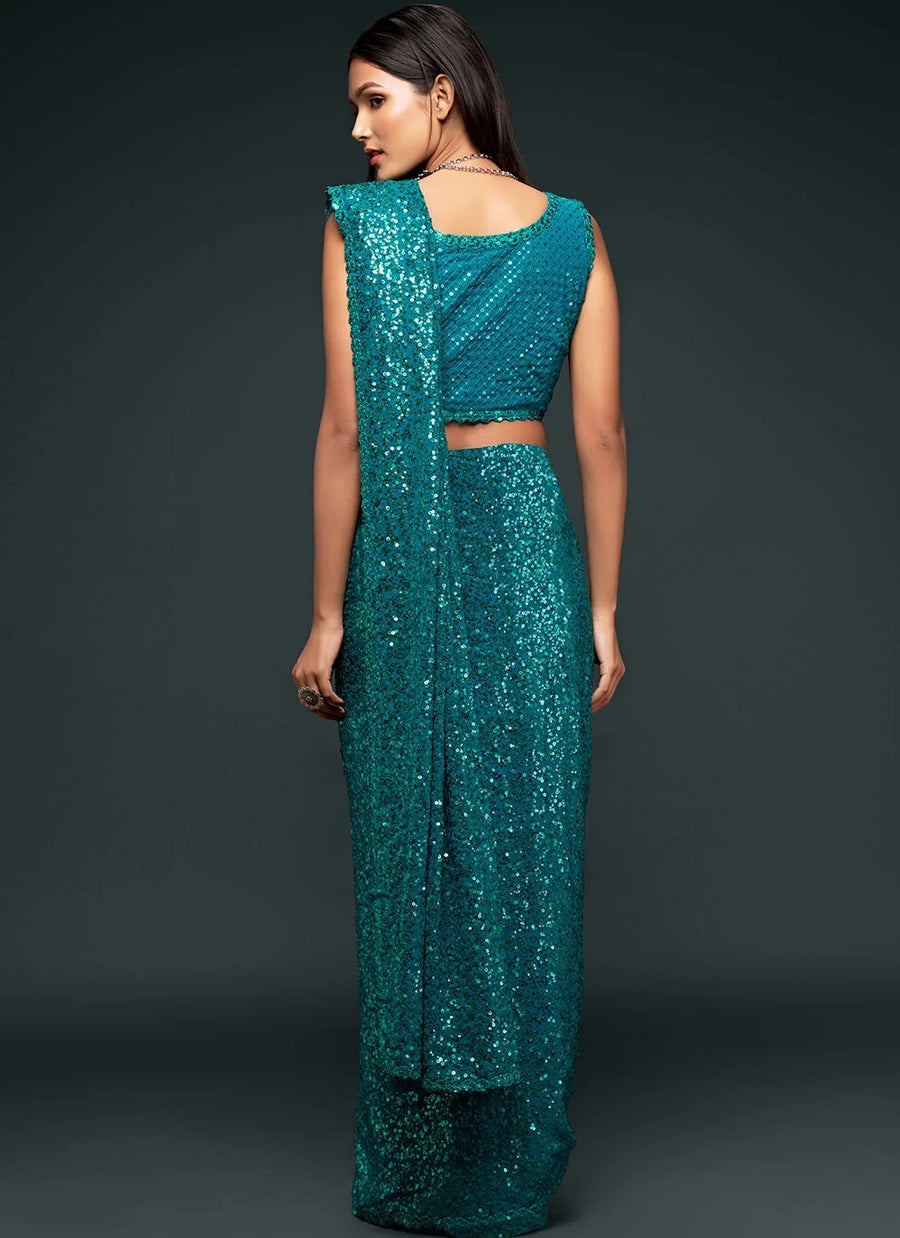 Sequinned Georgette Saree In Teal Blue