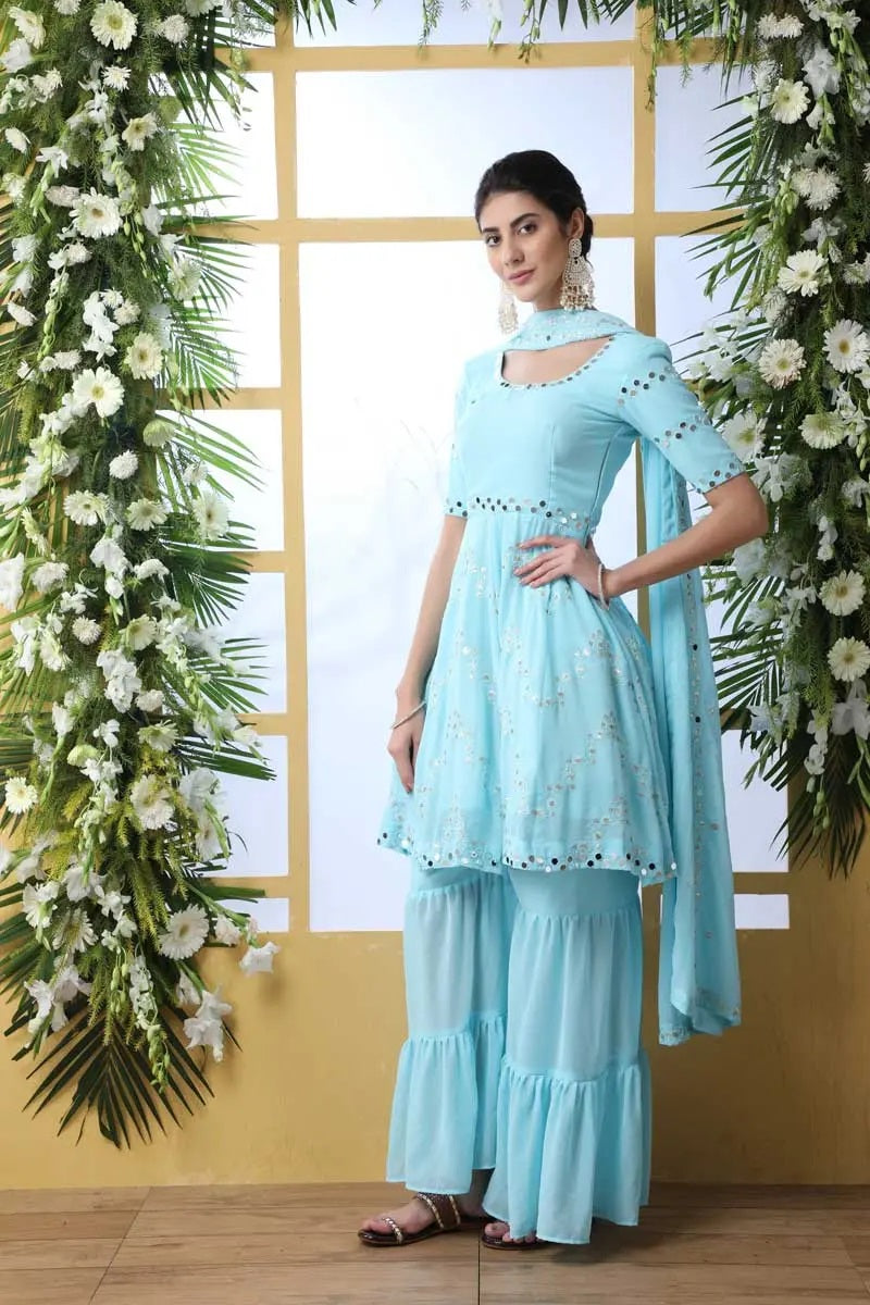 Raw silk readymade salwar suits light blue with allover embroidery & s –  Maatshi