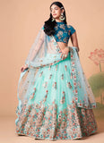 Sky Blue Gorgeous Net Lehenga with Gold Zari and Dori Embroidery