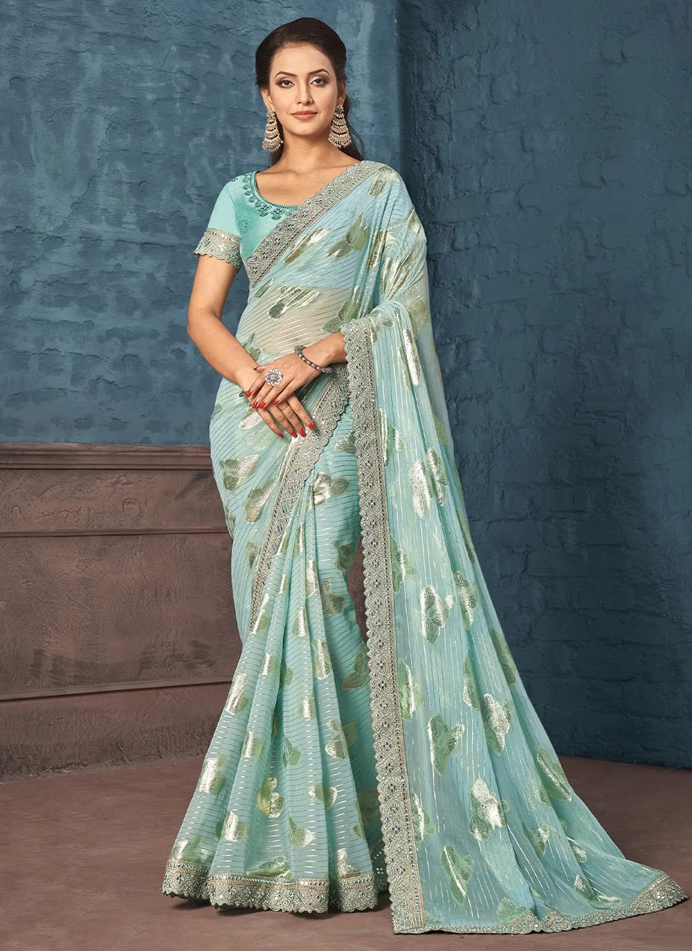 Sky Blue Jacquard Printed Embroidered Designer Saree