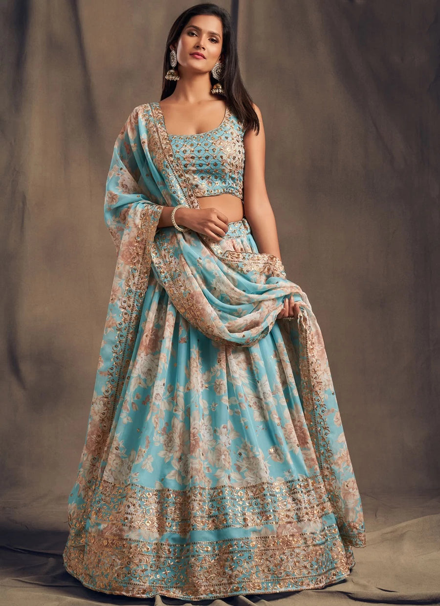 Sky Blue Organza Digital Printed Traditional Lehenga Choli