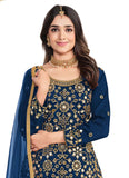 Soft Silk Mirror Work Patiyala Suit In Blue