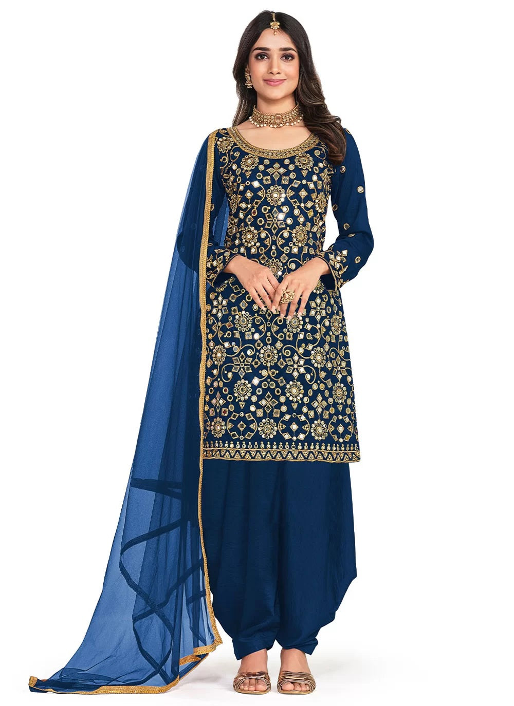Soft Silk Mirror Work Patiyala Suit In Blue