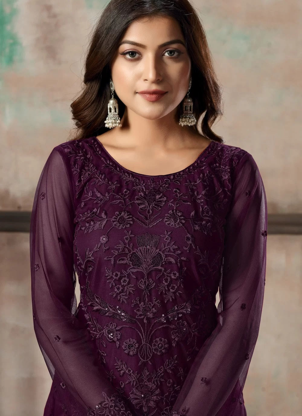 Straight Style Embroidered Pakistani Suit in Wine