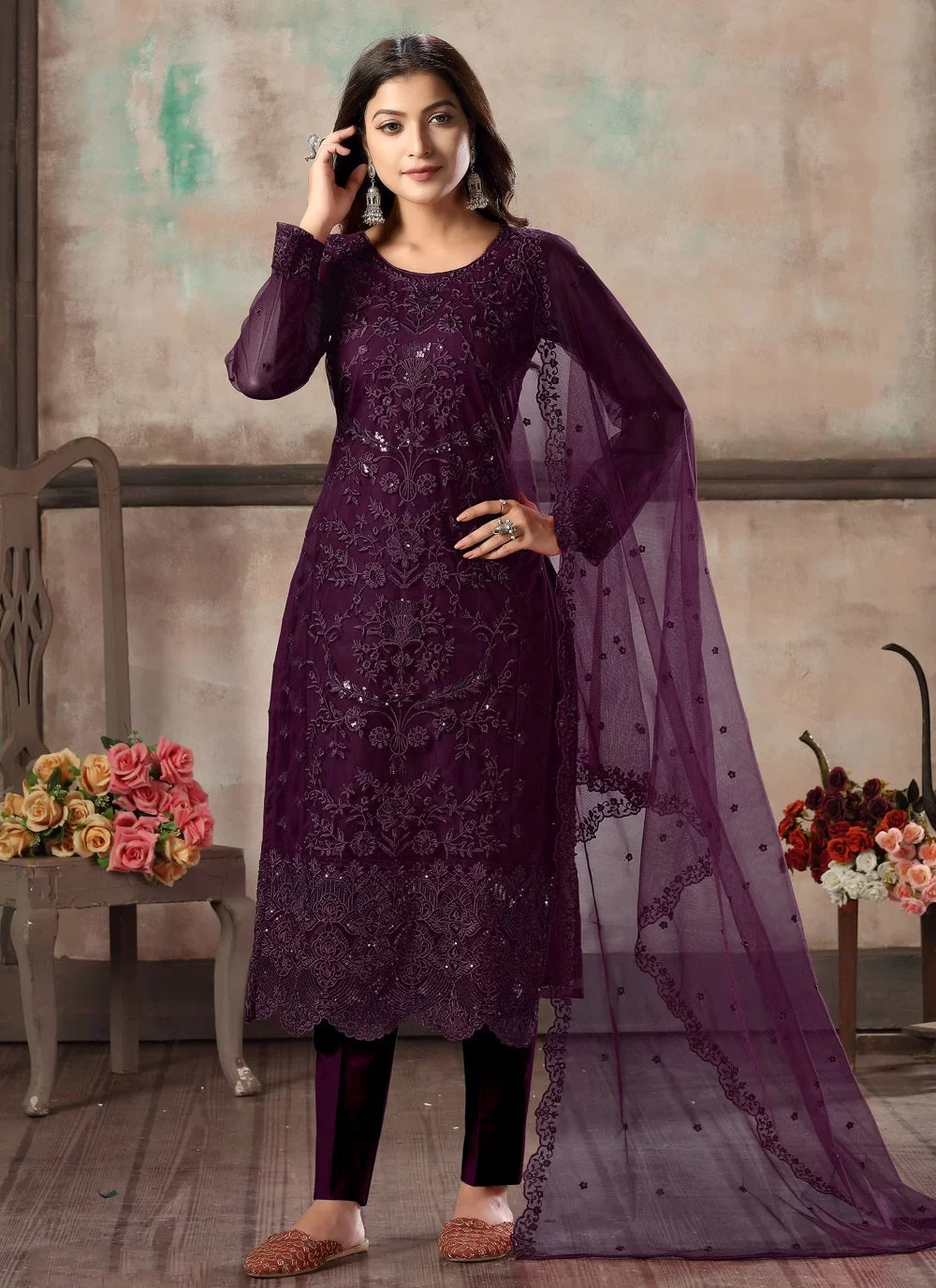 Straight Style Embroidered Pakistani Suit in Wine