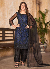 Straight Wear Net Pakistani Suit In Blue