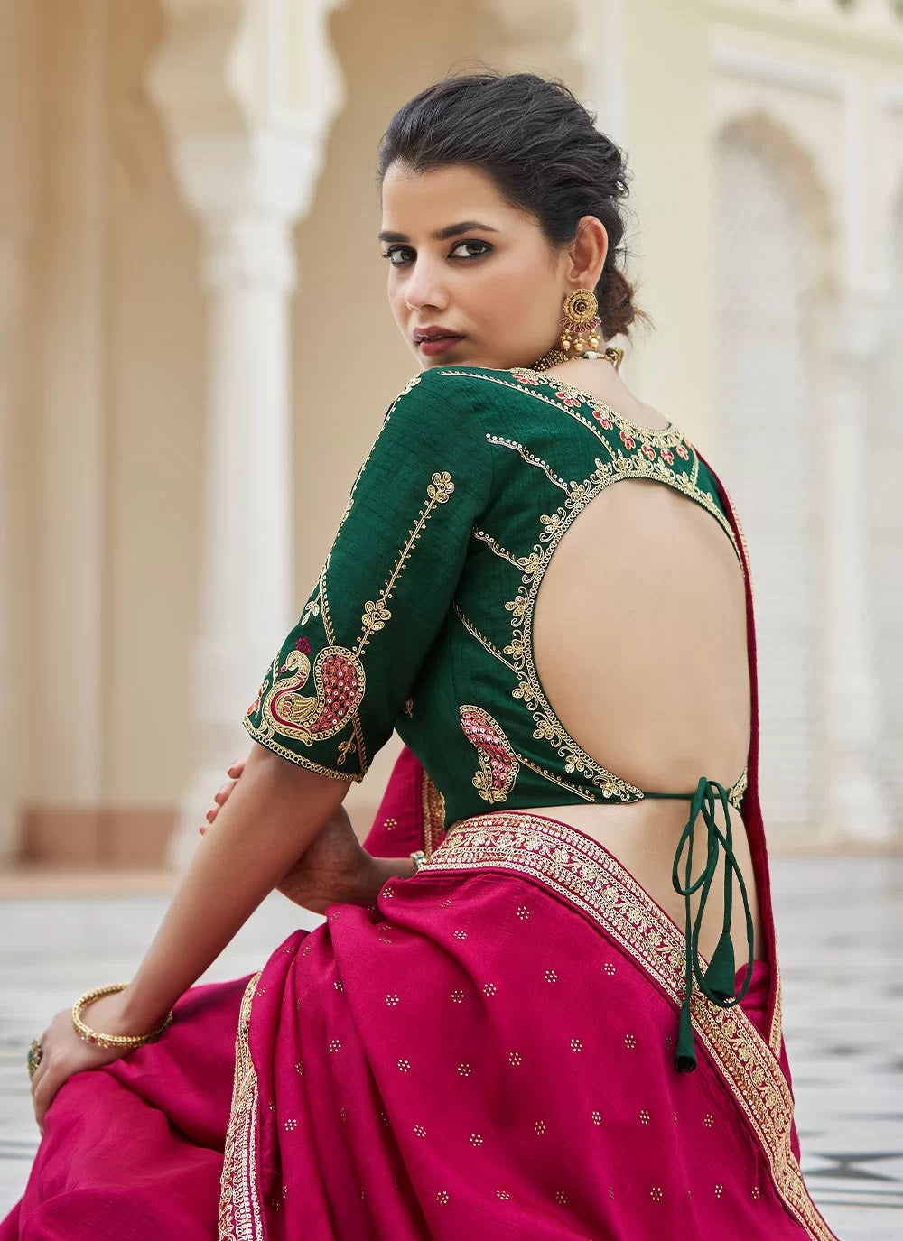 Stunning Party Wear Vichitra Silk Saree with Swarovski Embellishments In Dark Pink