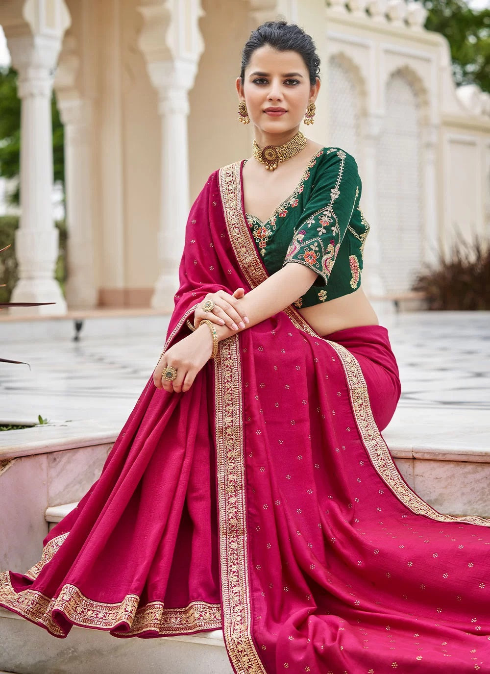 Stunning Party Wear Vichitra Silk Saree with Swarovski Embellishments In Dark Pink