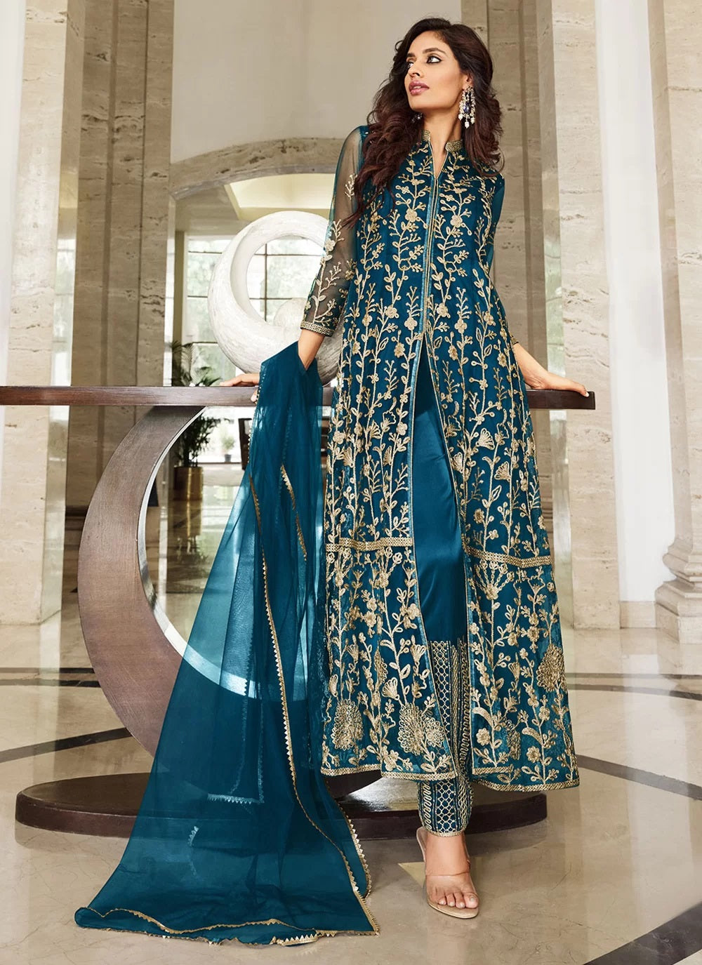 Teal Blue Butterfly Net Heavy Coding Embroidered Slit Style Suit
