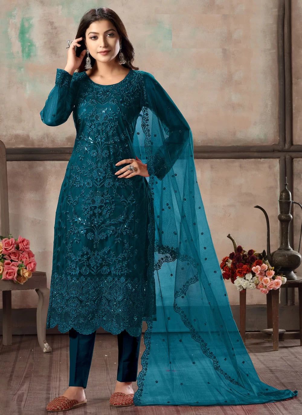 Teal Blue Net Embroidered Straight Cut Salwar Suit