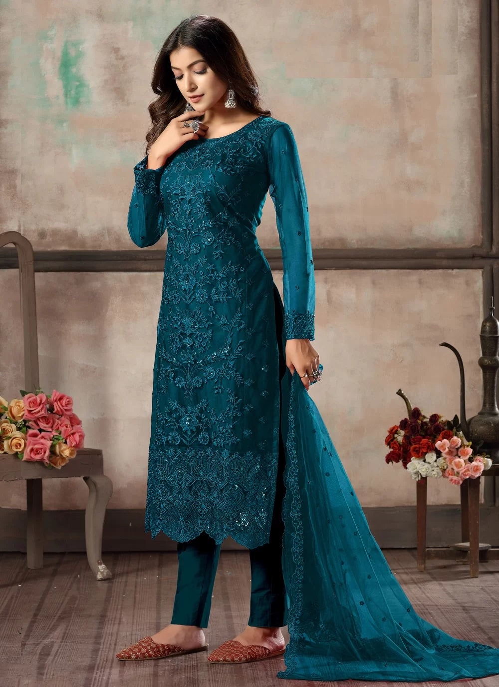 Teal Blue Color Palazzo Suit