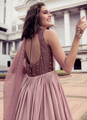 Thread And Sequince Embroidered Work Chinon Gown With Dupatta In Pink