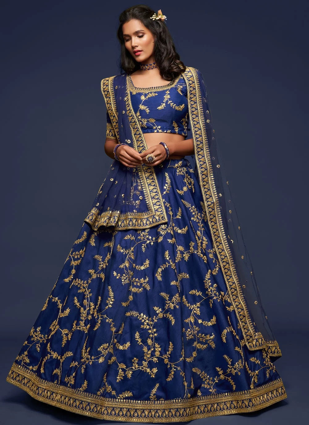 Thread And Sequins Embroidered Blue Party Wear Lehenga