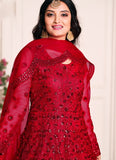 Thread Embroidered Net Anarkali Suit In Red