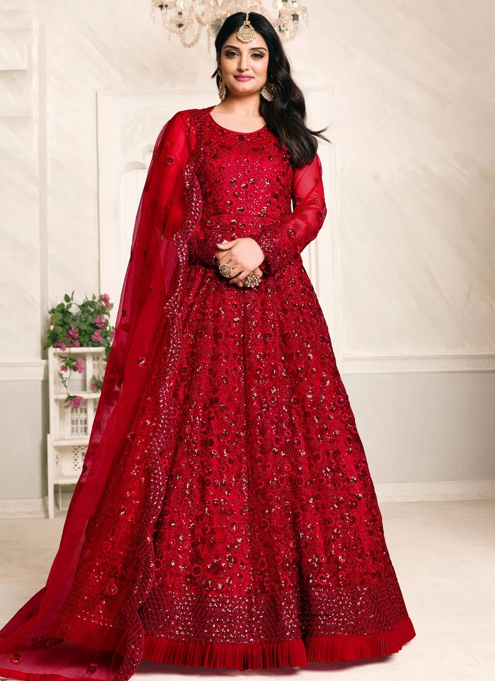 Thread Embroidered Net Anarkali Suit In Red