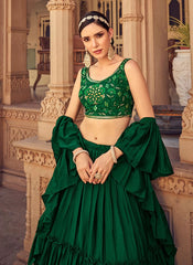 Tiered Chinnon Thread and Mirror Work Lehenga For Women