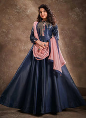 Trivia Silk Embroidered Trendy Gown In Blue