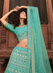 Turquoise Zari And Sequins Work Organza Lehenga For Bridesmaid