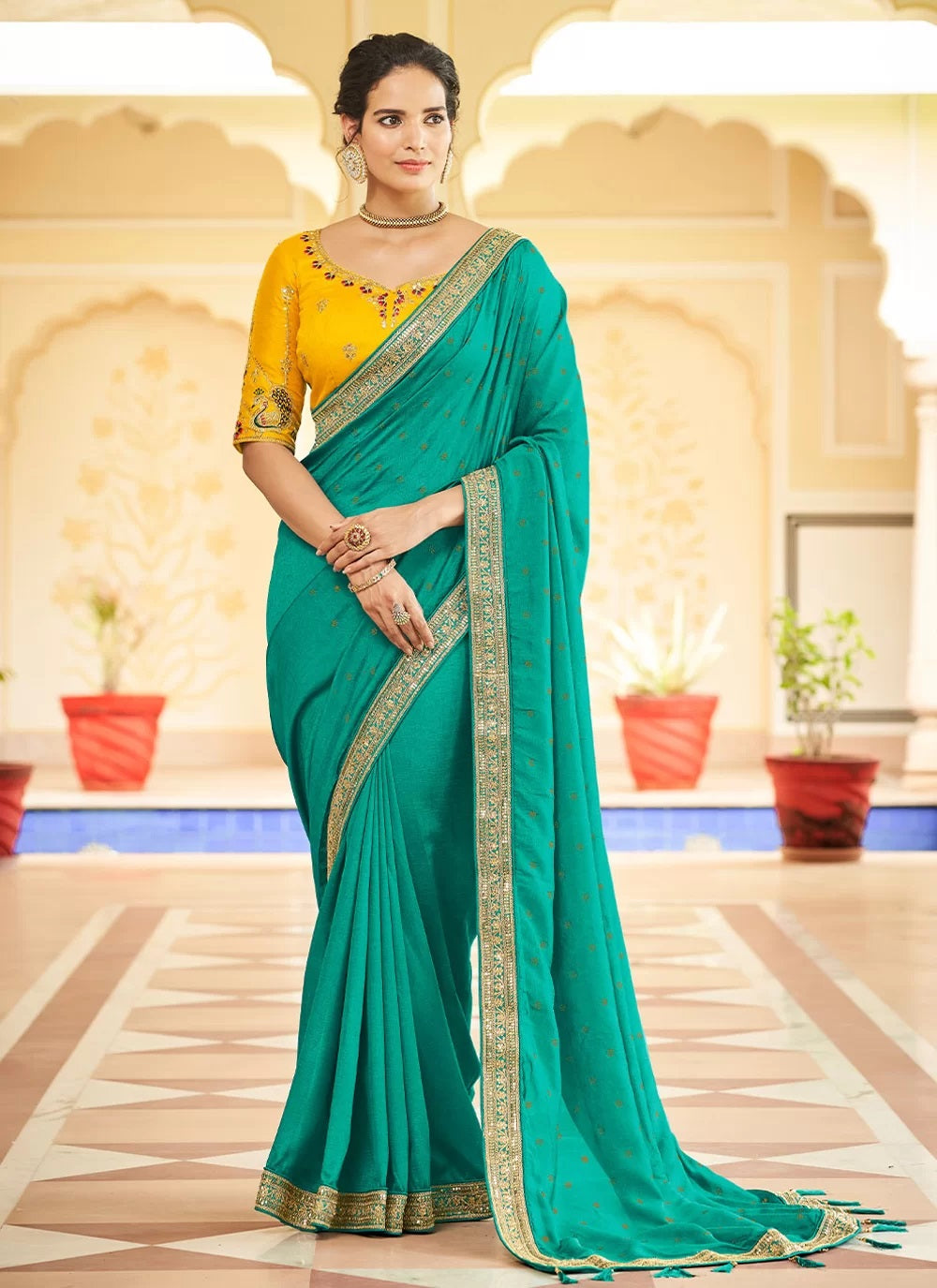 Vichitra Silk Party Wear Saree with Intricate Jari and Dori Work In Firozi