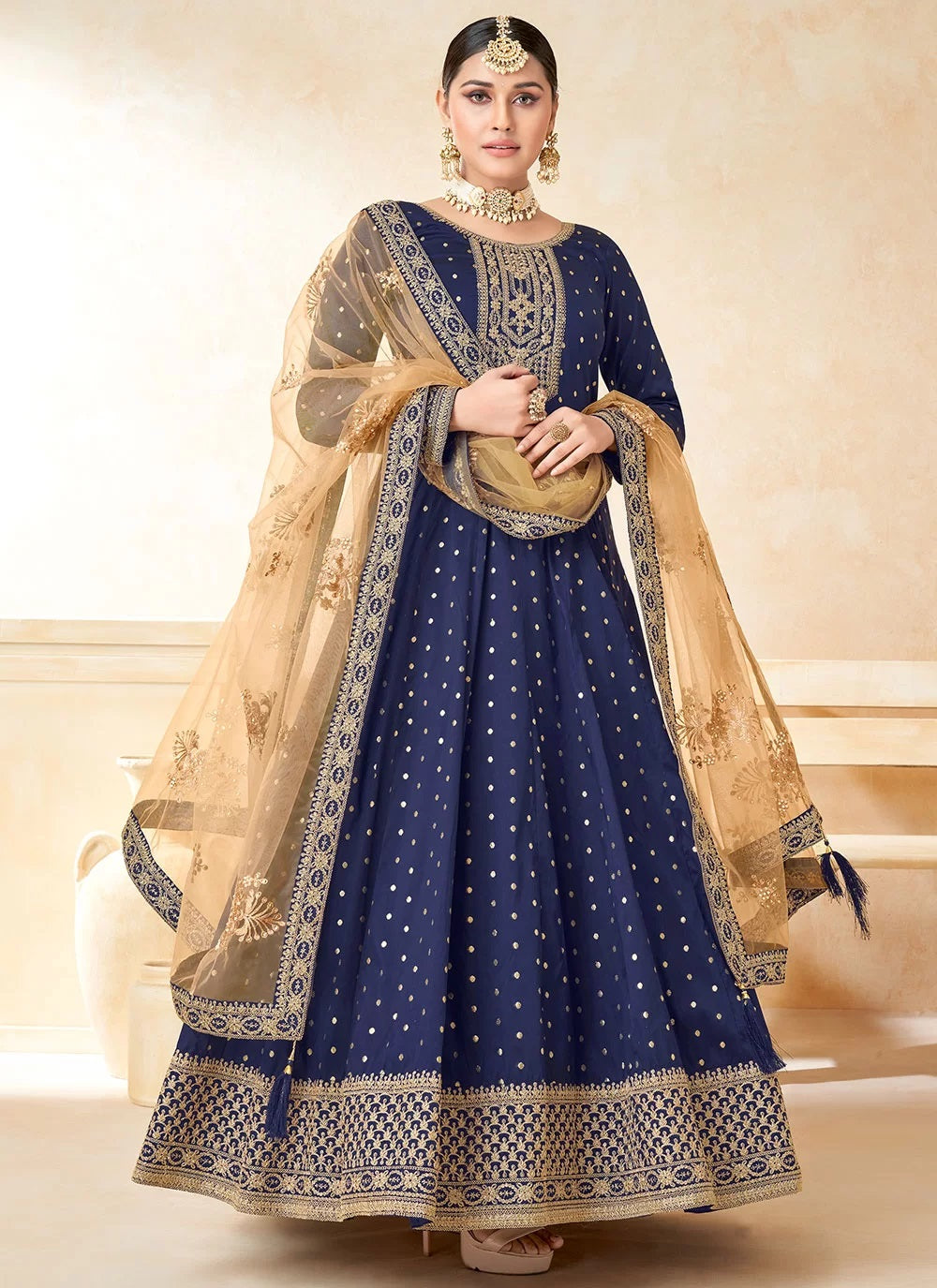 Wedding Wear Taffeta Silk Anarkali Gown in Blue