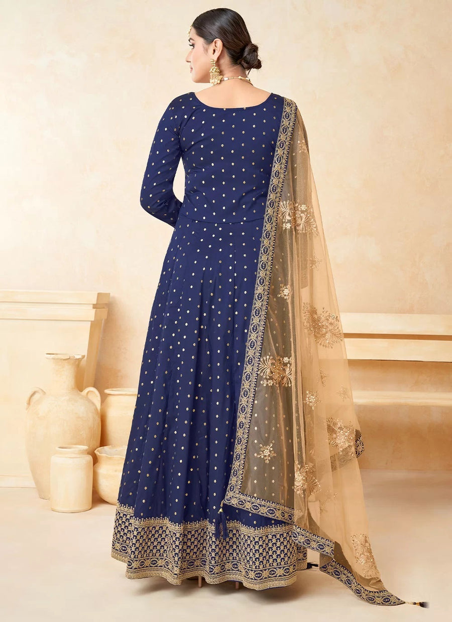 Wedding Wear Taffeta Silk Anarkali Gown in Blue