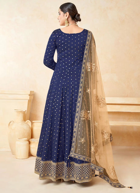 Blue Tafeta Butti Partywear Anarkali Suit