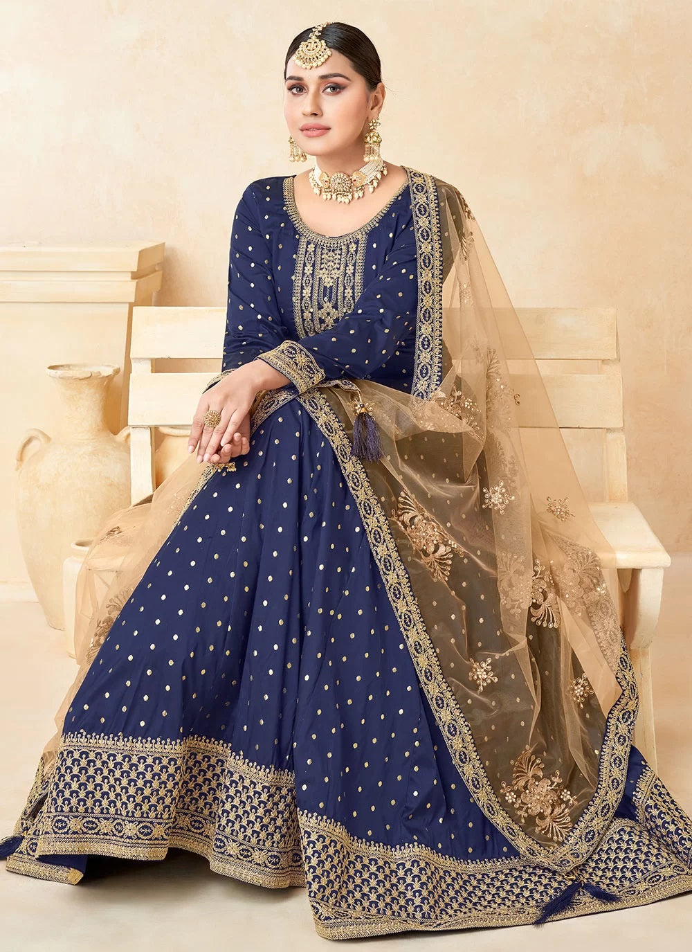 Wedding Wear Taffeta Silk Anarkali Gown in Blue