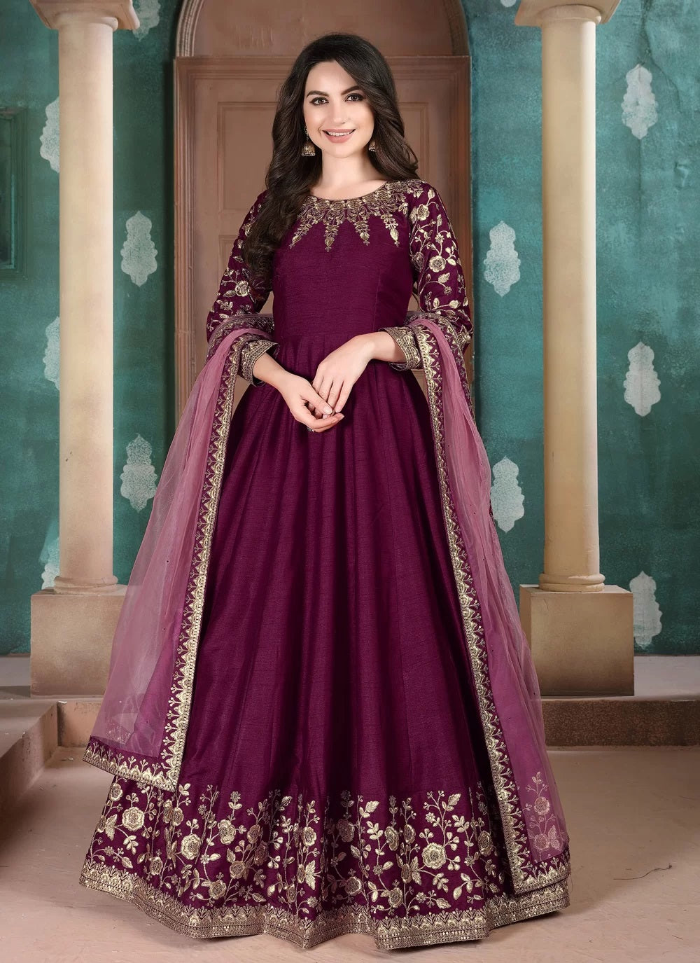 Wine Color Silk Embroidered Floor Length Dress