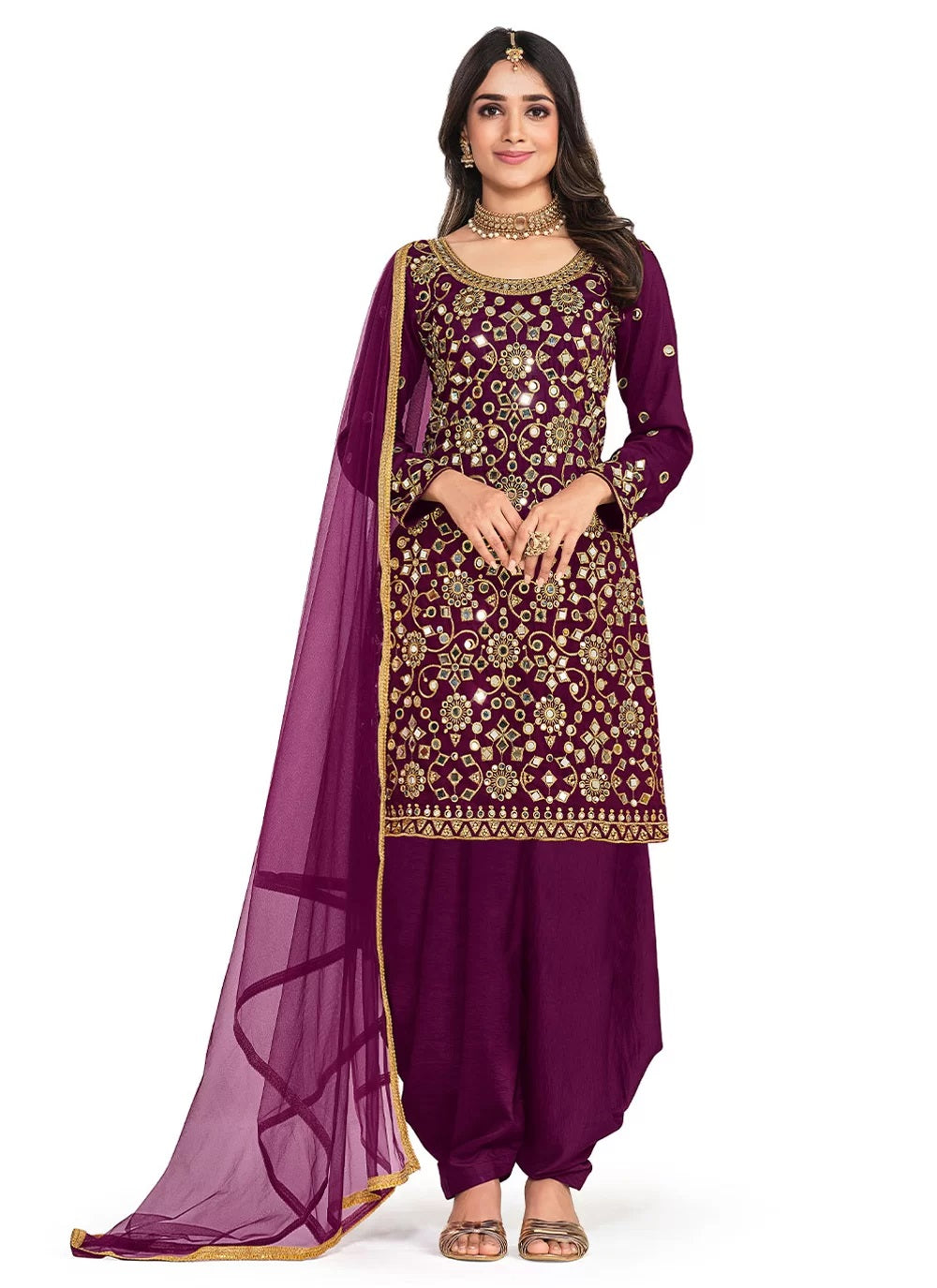 Wine Embroidery and Mirror Work Punjabi Suit