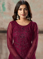 Wine Net Embroidered Straight Cut Salwar Suit