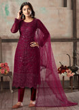 Wine Net Embroidered Straight Cut Salwar Suit