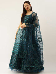 Women Teal Net Embroidered Sequins Semi Stitched Lehenga Choli