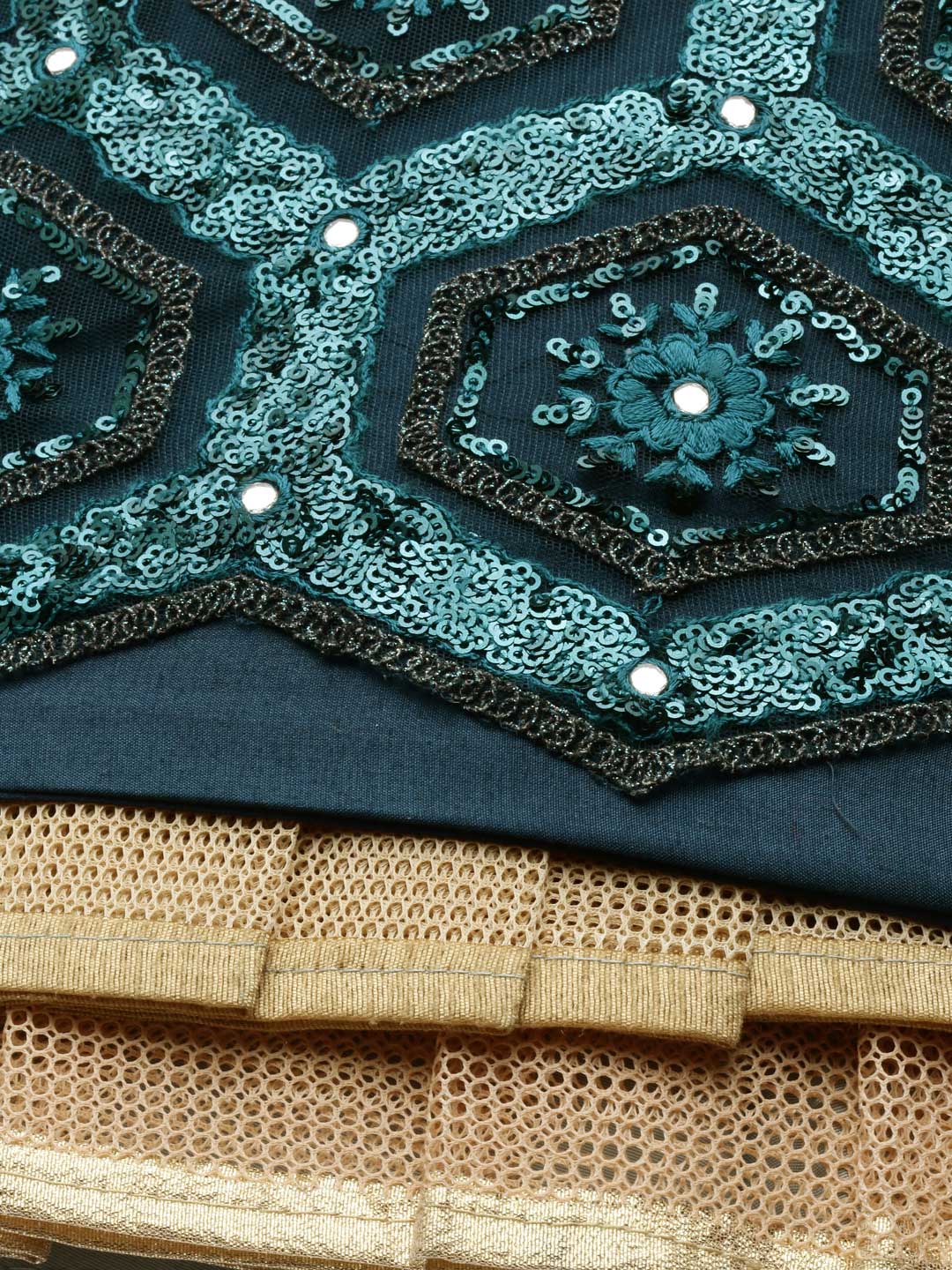 Women Teal Net Embroidered Sequins Semi Stitched Lehenga Choli